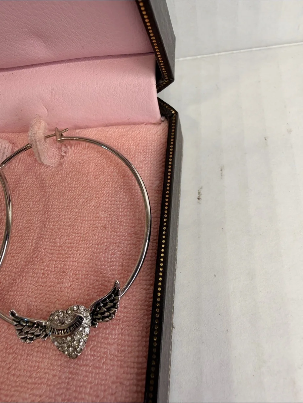 NWT Juicy Couture Silver Paved Heart with Wings Hoop Earrings